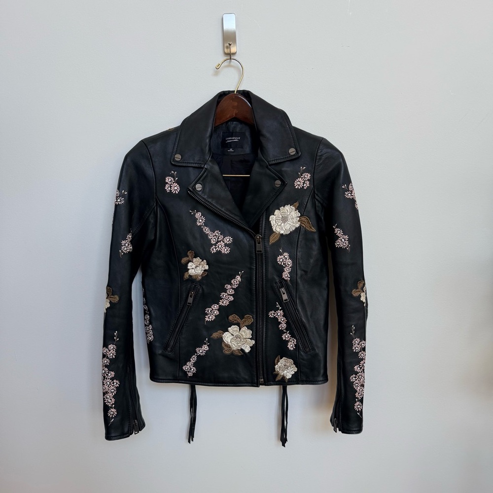 LAMARQUE Floral Embroidered Black Leather Moto Jacket XS - Picture 2 of 11
